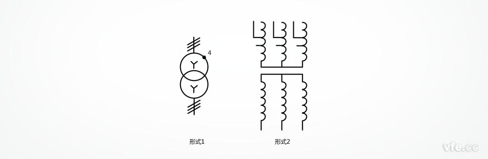 具有個抽頭的星形連接的三相變壓器，每個初級繞組除其端頭外還示出個可用的連接點
